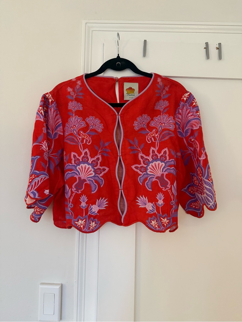 FARM Rio Red Cropped Embroidered Floral Blouse